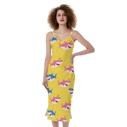 Pink And Blue Shark Pattern Print Slim Fit Midi Cami Dress