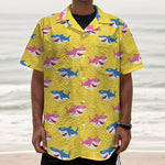 Pink And Blue Shark Pattern Print Textured Short Sleeve Shirt