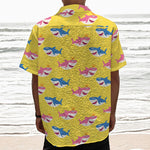 Pink And Blue Shark Pattern Print Textured Short Sleeve Shirt