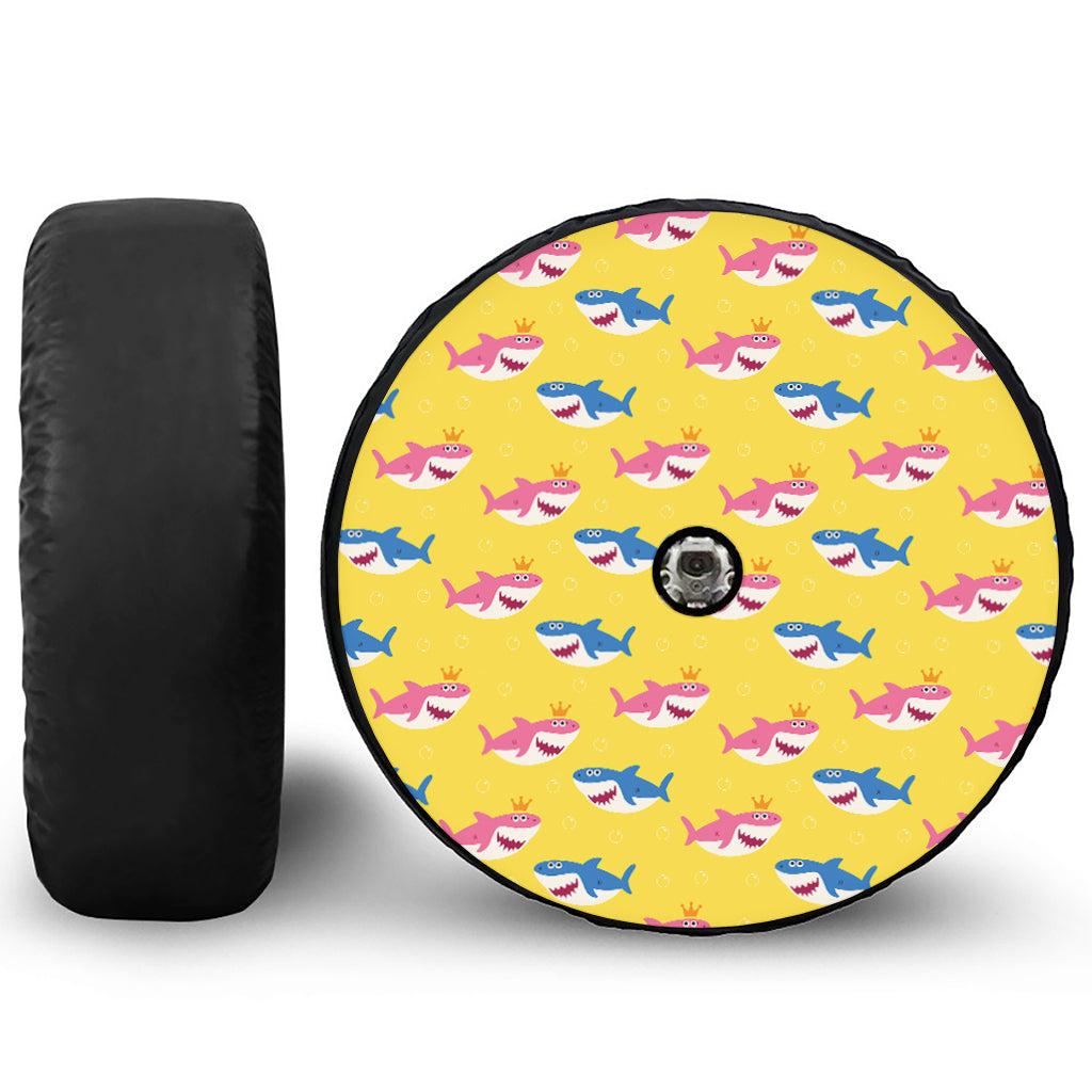 Pink And Blue Shark Pattern Print Tire Cover With Camera Hole