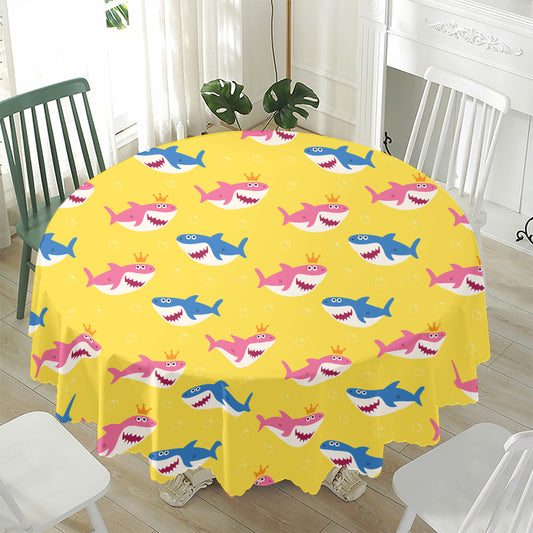 Pink And Blue Shark Pattern Print Waterproof Round Tablecloth
