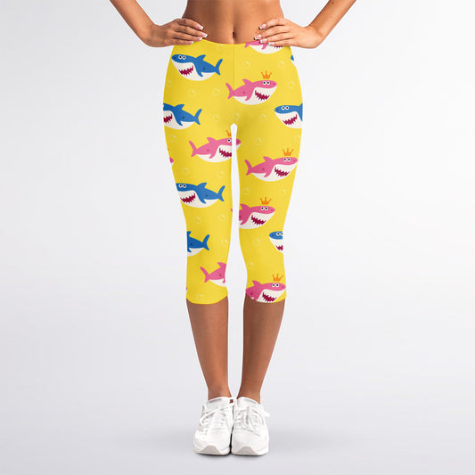 Pink And Blue Shark Pattern Print Women's Capri Leggings