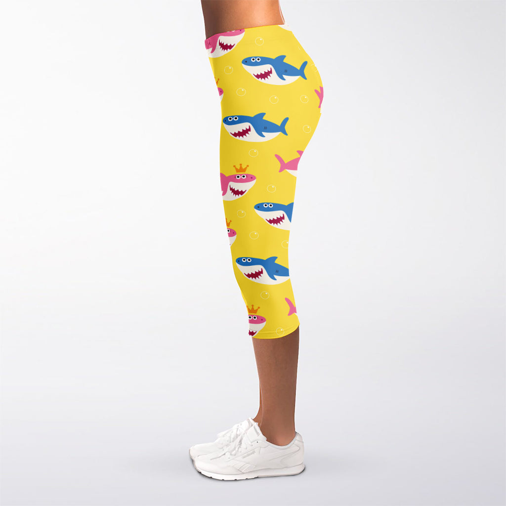 Pink And Blue Shark Pattern Print Women's Capri Leggings