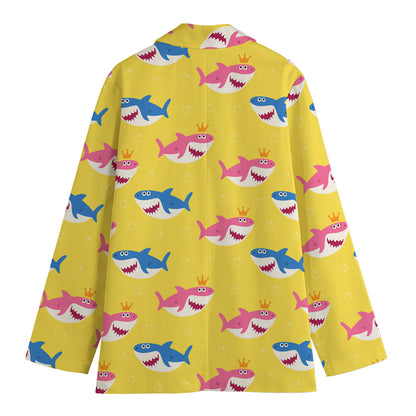 Pink And Blue Shark Pattern Print Women's Cotton Blazer