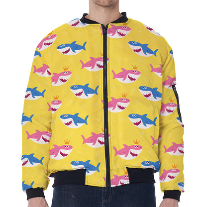 Pink And Blue Shark Pattern Print Zip Sleeve Bomber Jacket