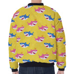 Pink And Blue Shark Pattern Print Zip Sleeve Bomber Jacket