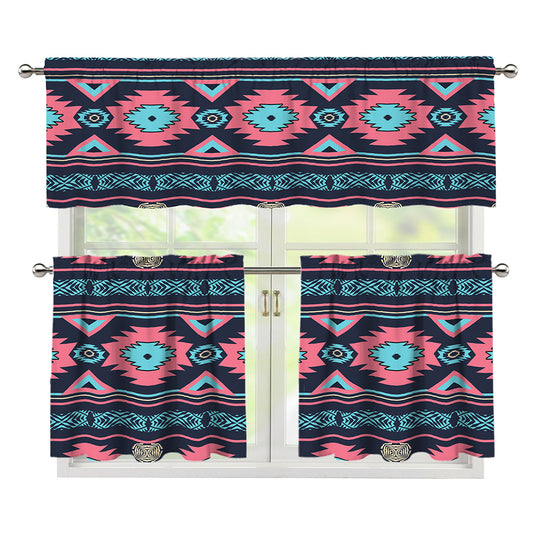 Pink And Blue Southwestern Pattern Print 3 Piece Kitchen Curtains