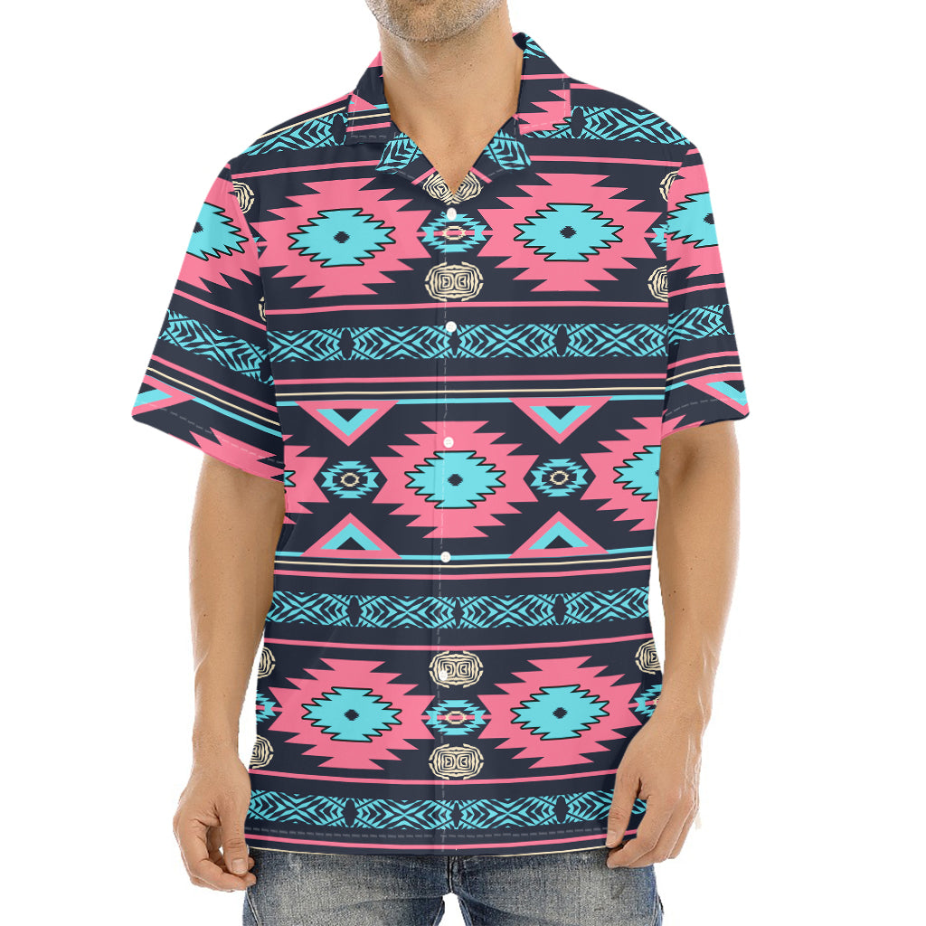 Pink And Blue Southwestern Pattern Print Aloha Shirt