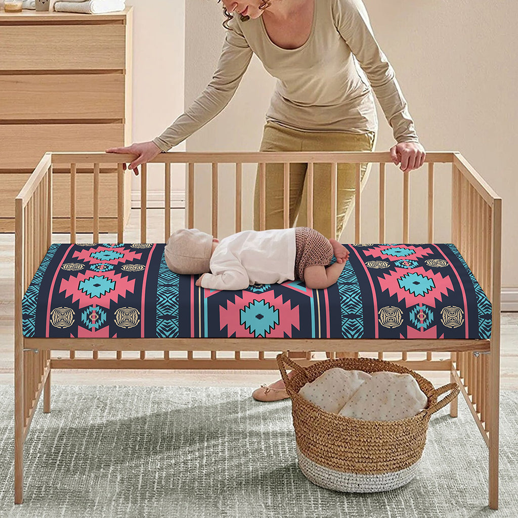 Pink And Blue Southwestern Pattern Print Baby Crib Sheet