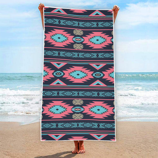 Pink And Blue Southwestern Pattern Print Beach Towel