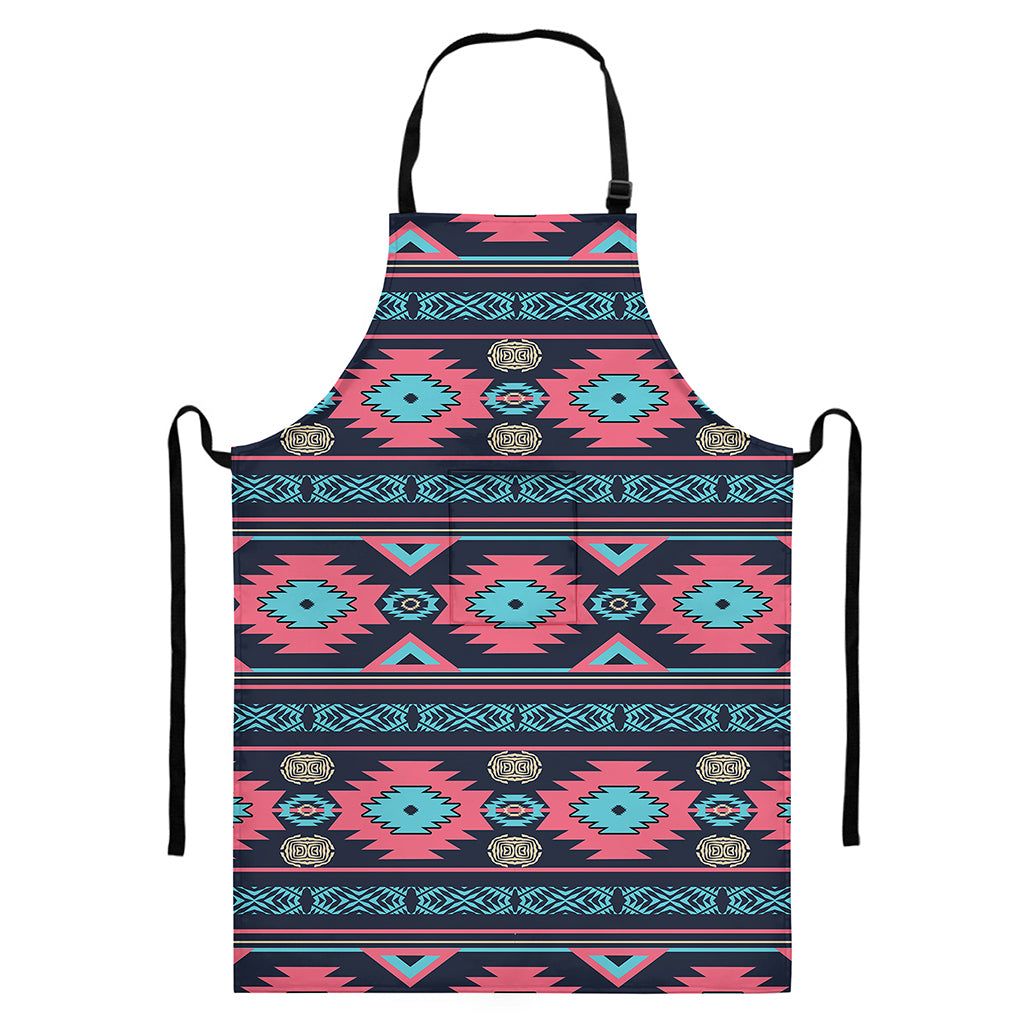 Pink And Blue Southwestern Pattern Print Bib Apron With Pocket