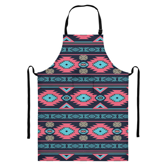 Pink And Blue Southwestern Pattern Print Bib Apron With Pocket