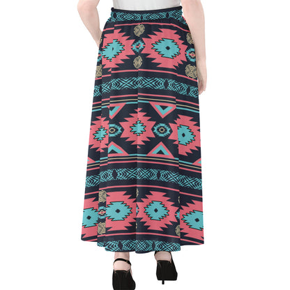 Pink And Blue Southwestern Pattern Print Chiffon Maxi Skirt
