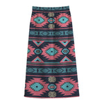 Pink And Blue Southwestern Pattern Print Cotton Front Slit Maxi Skirt