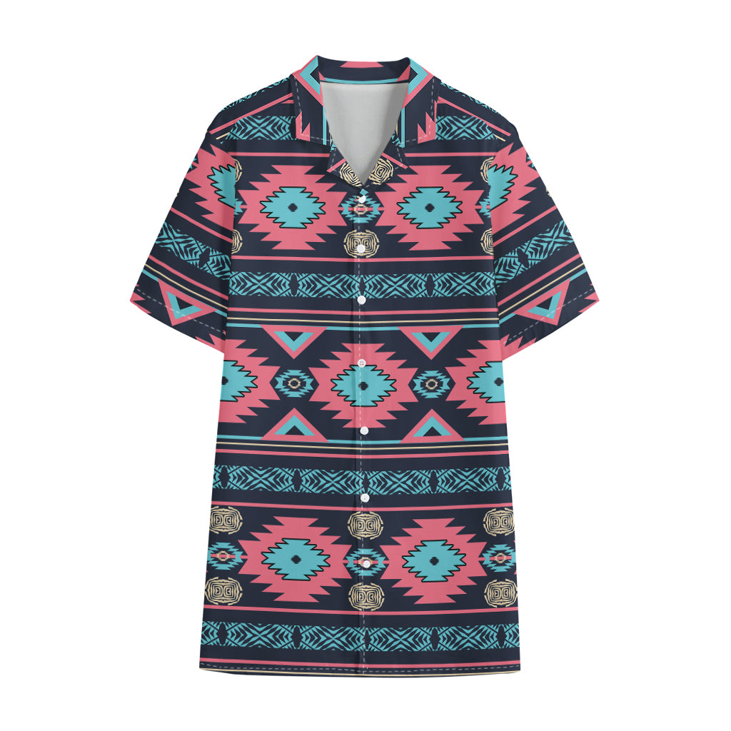 Pink And Blue Southwestern Pattern Print Cotton Hawaiian Shirt