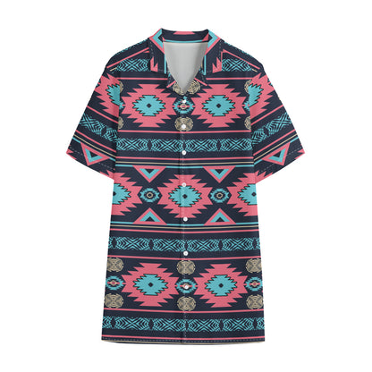 Pink And Blue Southwestern Pattern Print Cotton Hawaiian Shirt