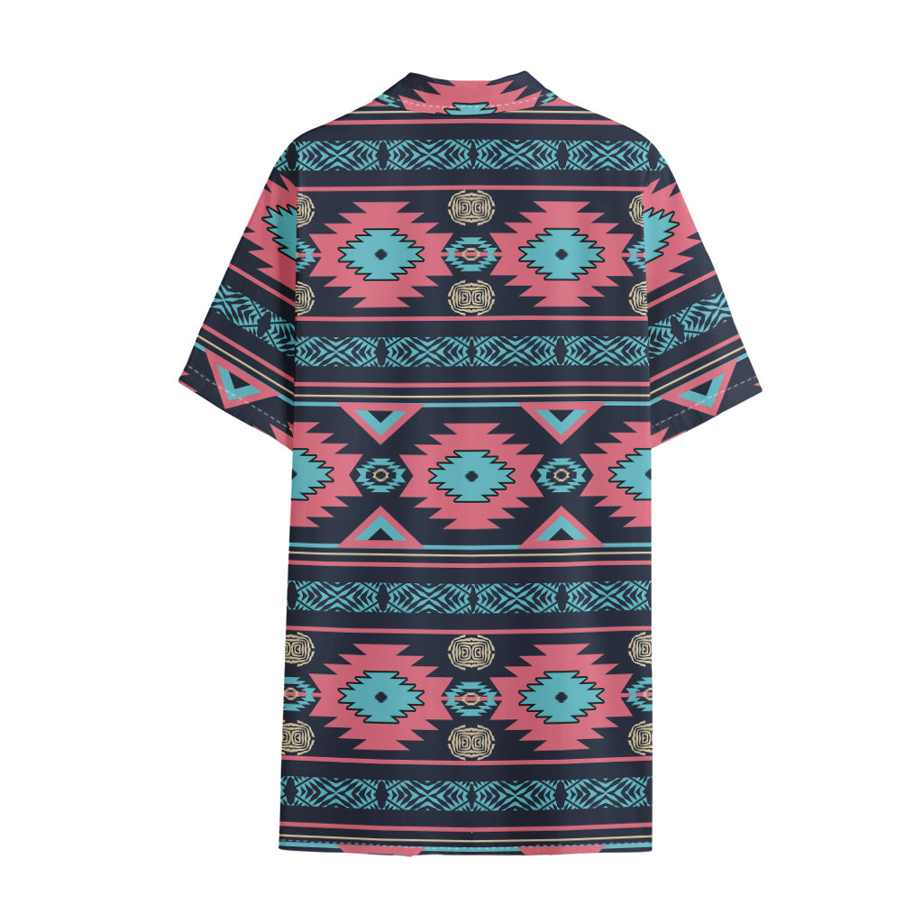 Pink And Blue Southwestern Pattern Print Cotton Hawaiian Shirt