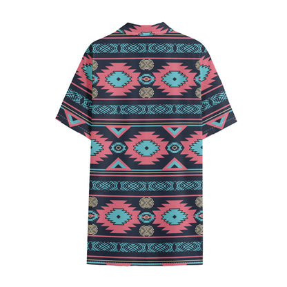 Pink And Blue Southwestern Pattern Print Cotton Hawaiian Shirt