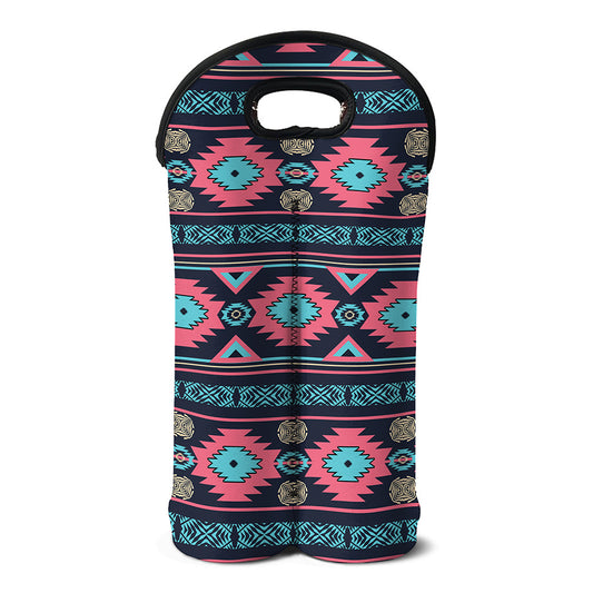 Pink And Blue Southwestern Pattern Print Double Neoprene Wine Tote