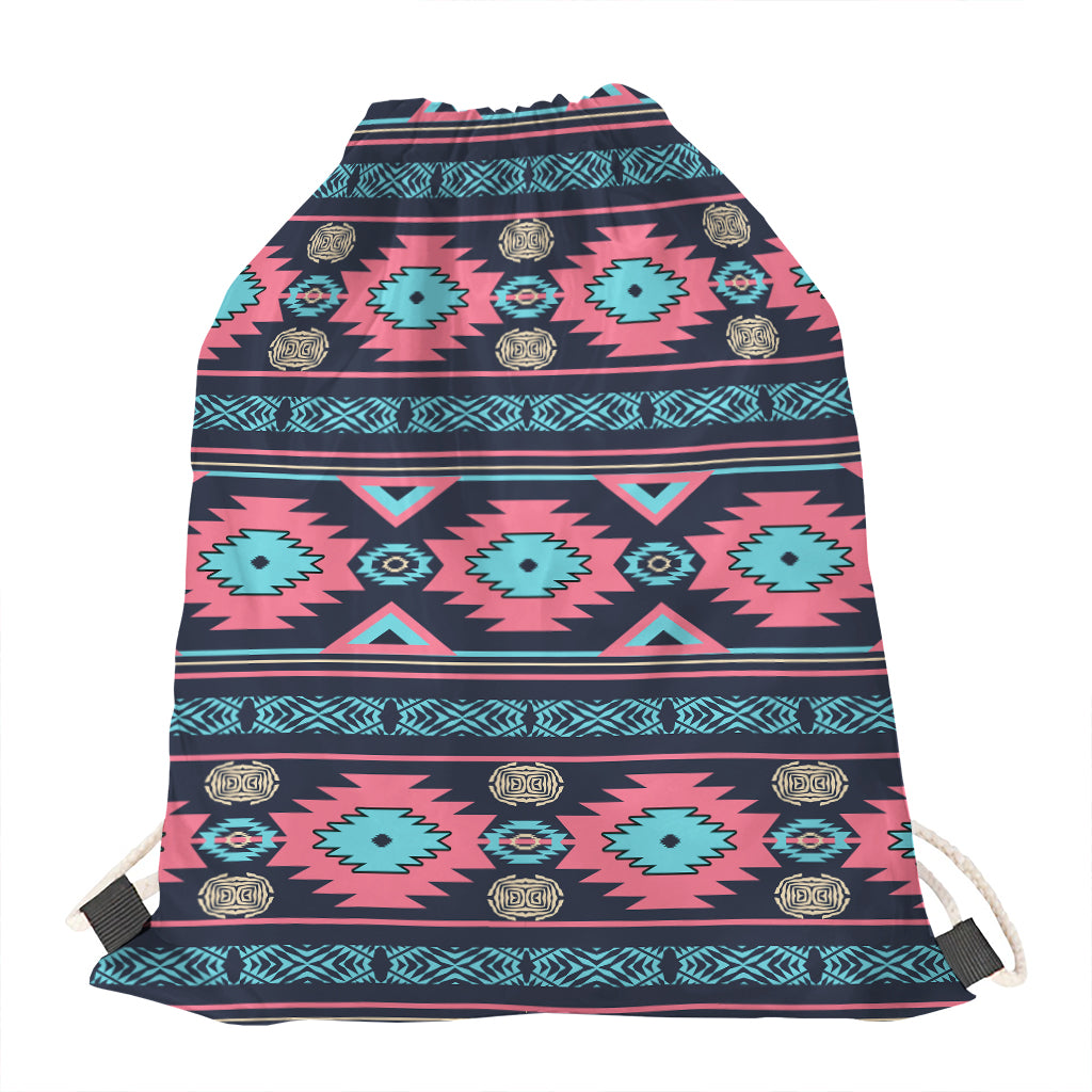 Pink And Blue Southwestern Pattern Print Drawstring Bag