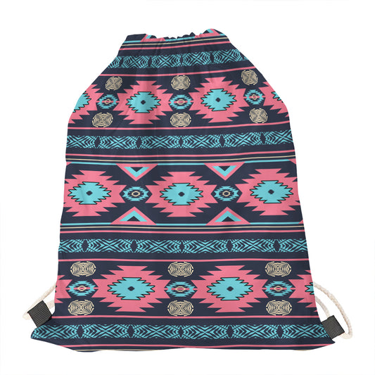 Pink And Blue Southwestern Pattern Print Drawstring Bag