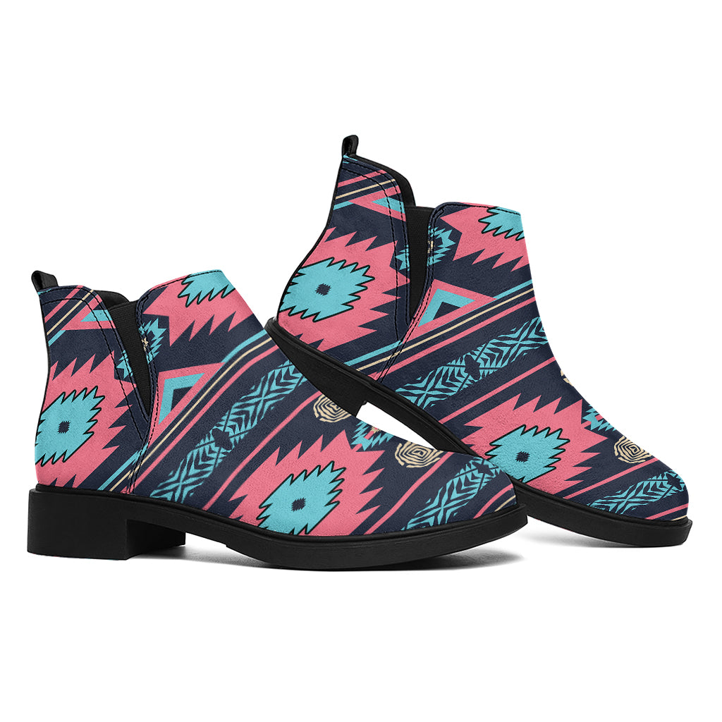 Pink And Blue Southwestern Pattern Print Flat Ankle Boots