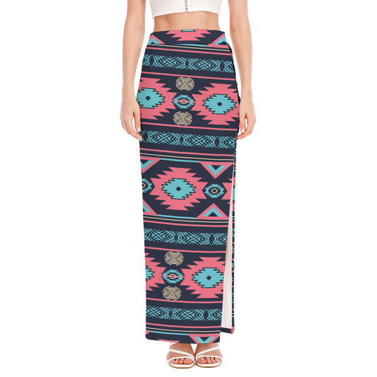 Pink And Blue Southwestern Pattern Print High Slit Maxi Skirt