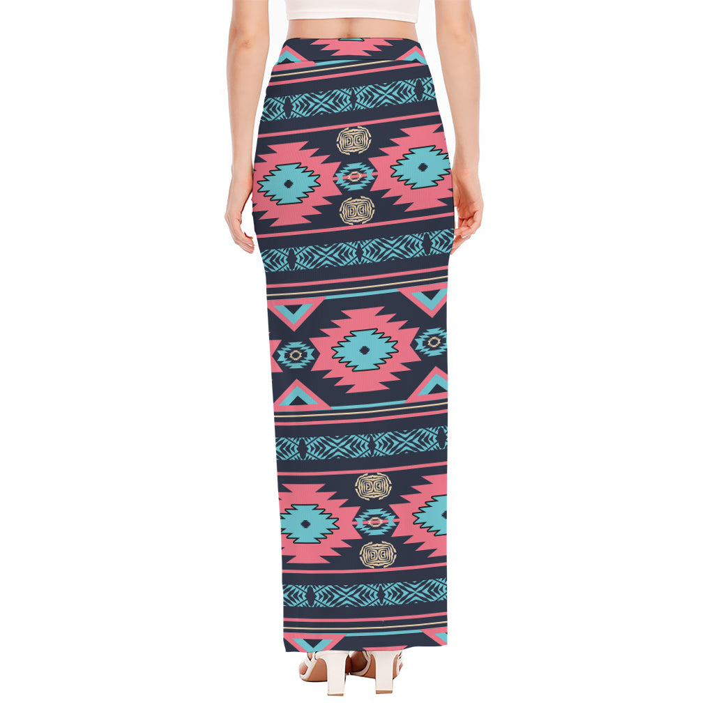 Pink And Blue Southwestern Pattern Print High Slit Maxi Skirt