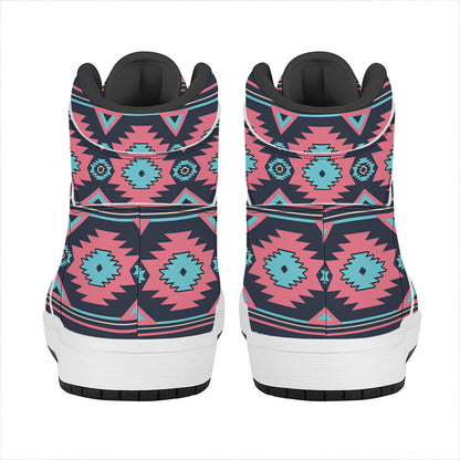 Pink And Blue Southwestern Pattern Print High Top Leather Sneakers