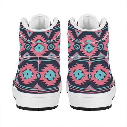 Pink And Blue Southwestern Pattern Print High Top Leather Sneakers