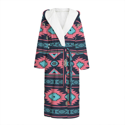 Pink And Blue Southwestern Pattern Print Hooded Bathrobe