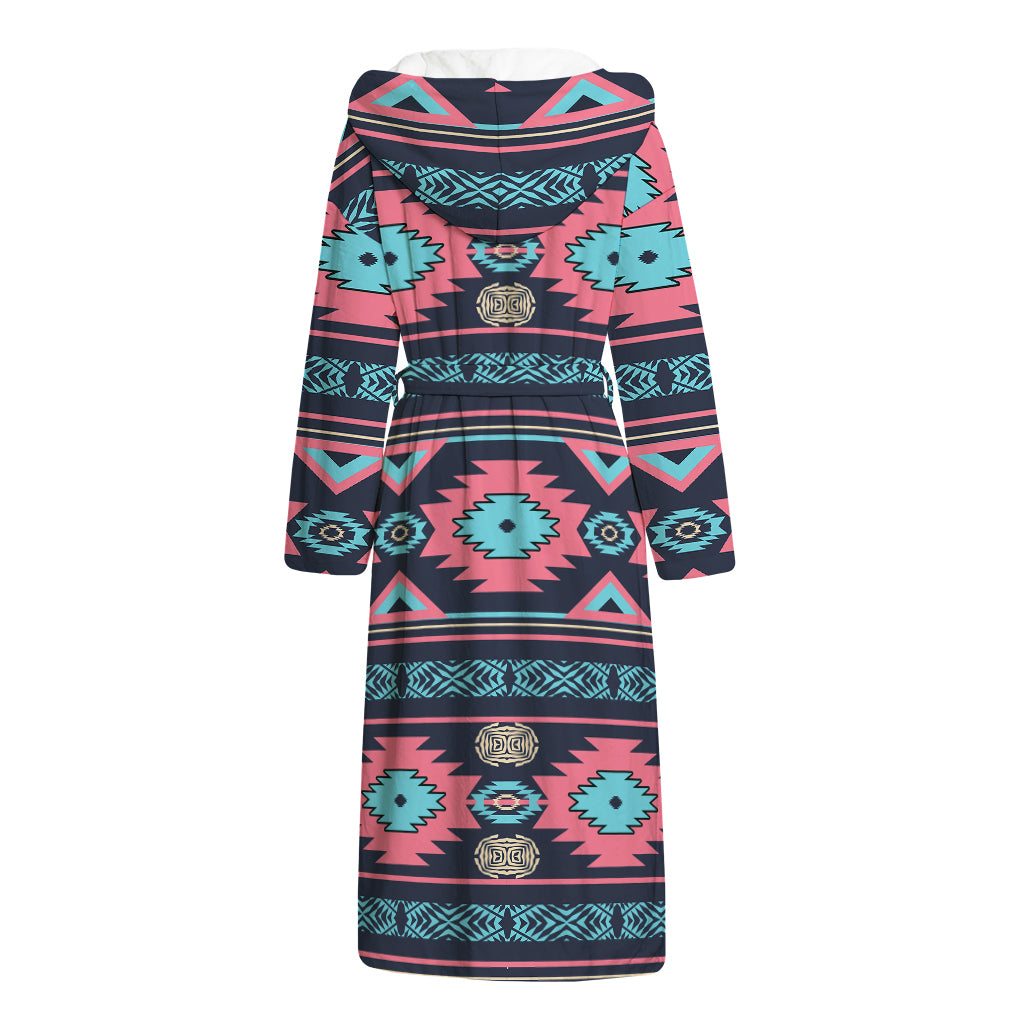 Pink And Blue Southwestern Pattern Print Hooded Bathrobe