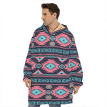 Pink And Blue Southwestern Pattern Print Hoodie Blanket