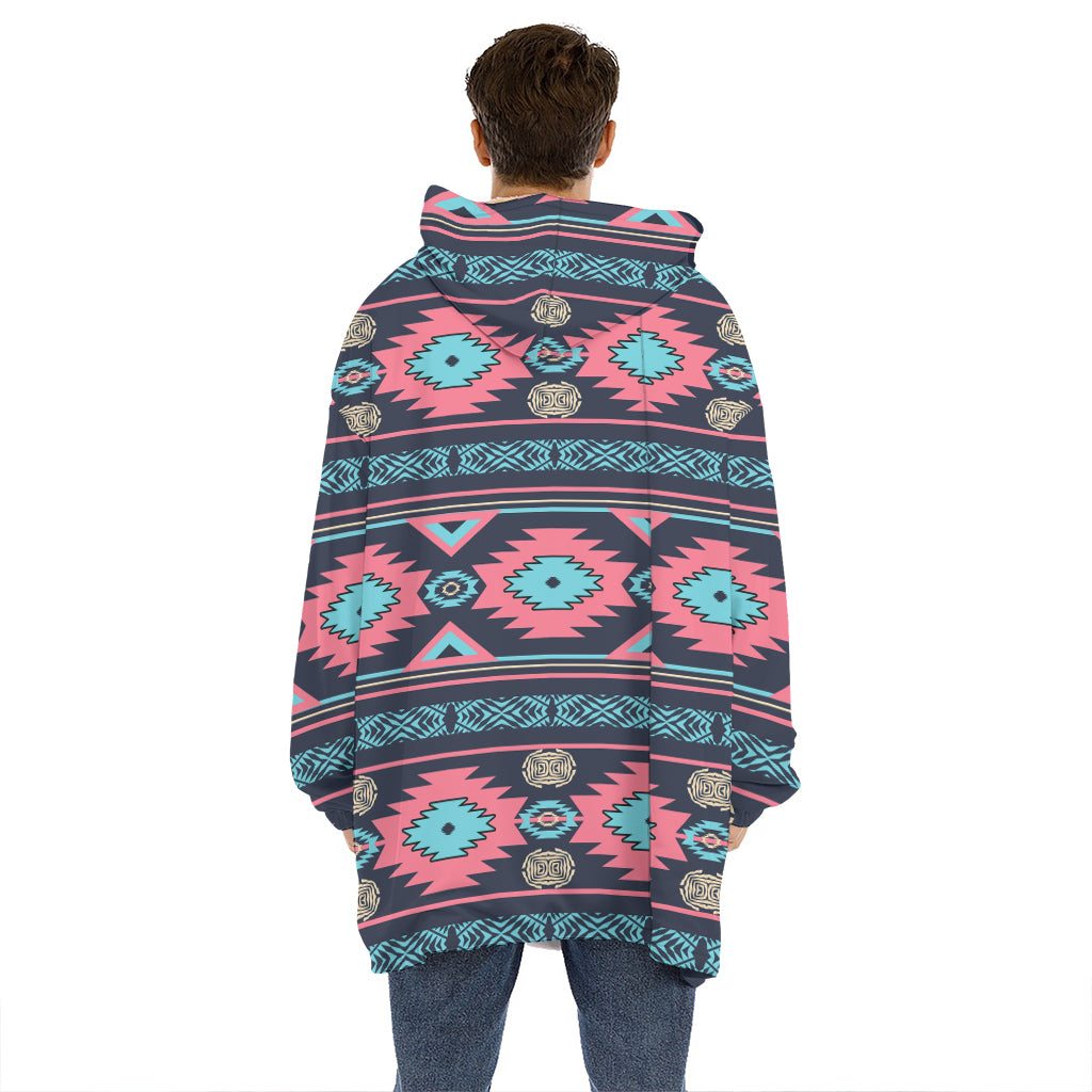 Pink And Blue Southwestern Pattern Print Hoodie Blanket