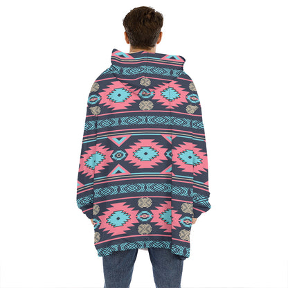 Pink And Blue Southwestern Pattern Print Hoodie Blanket