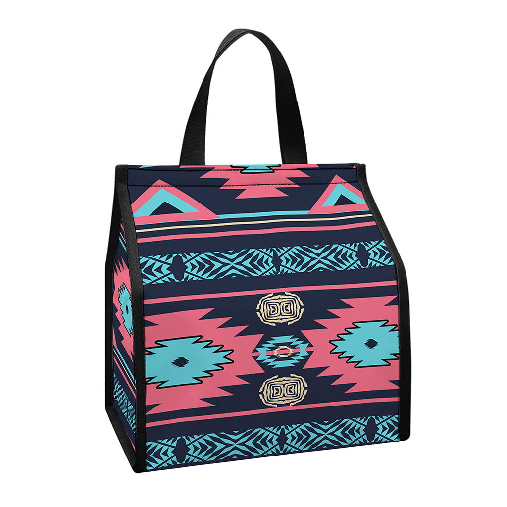 Pink And Blue Southwestern Pattern Print Insulated Lunch Tote