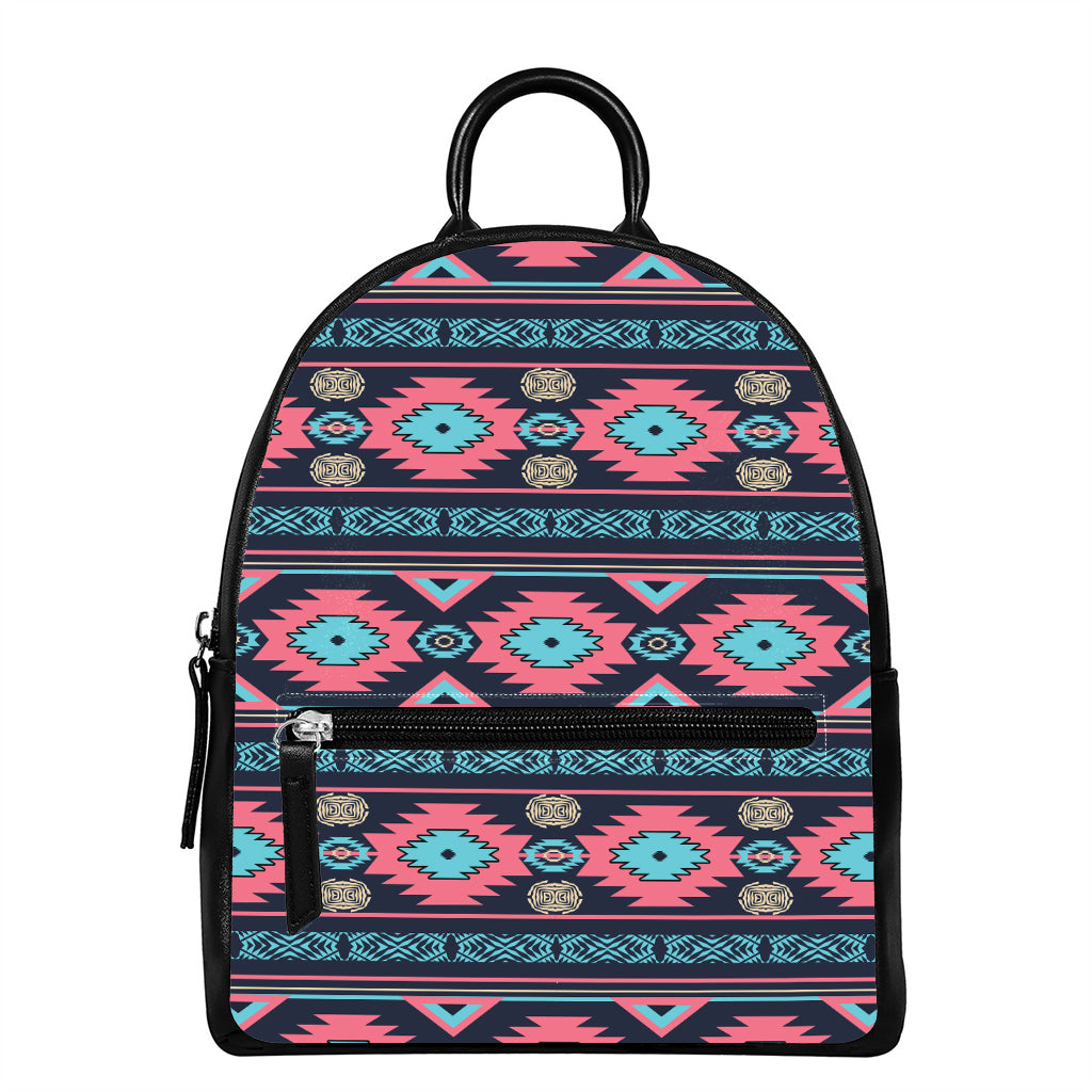 Pink And Blue Southwestern Pattern Print Leather Backpack