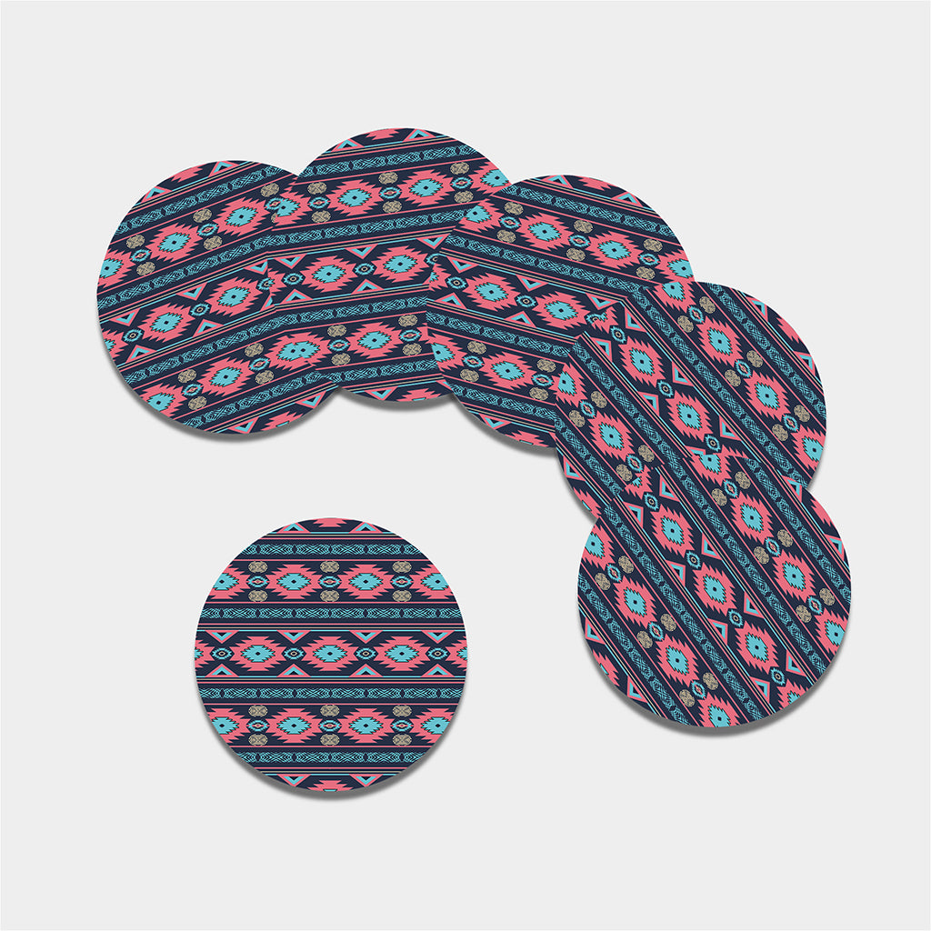 Pink And Blue Southwestern Pattern Print Leather Coaster Set