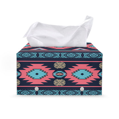 Pink And Blue Southwestern Pattern Print Leather Tissue Box Cover