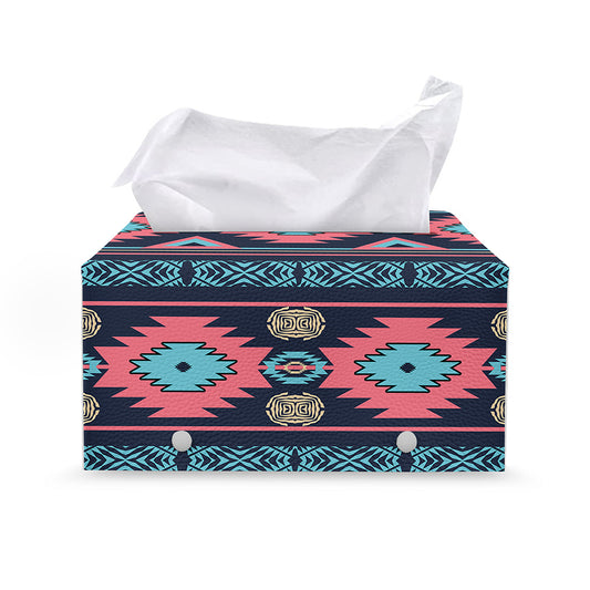 Pink And Blue Southwestern Pattern Print Leather Tissue Box Cover