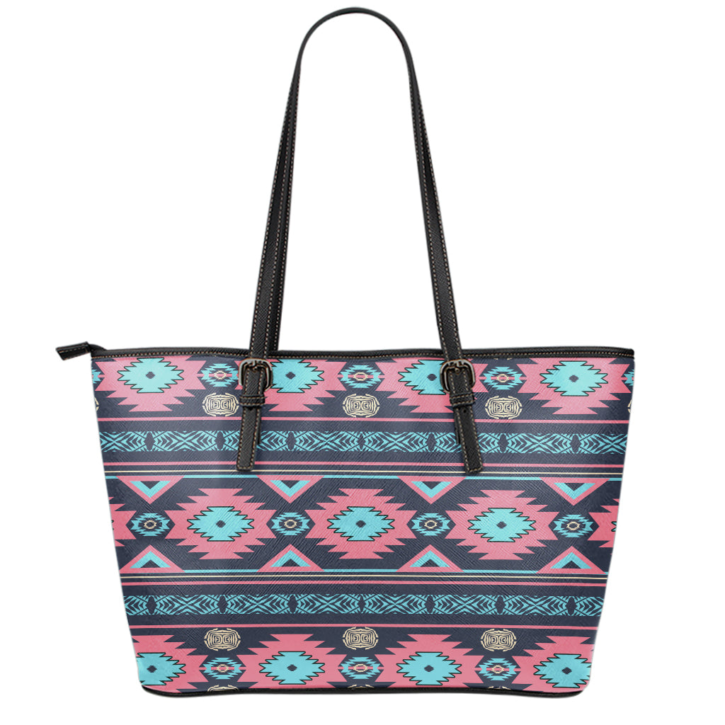 Pink And Blue Southwestern Pattern Print Leather Tote Bag