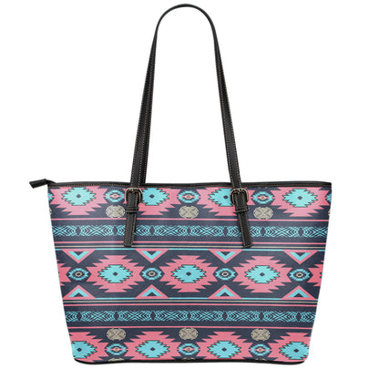 Pink And Blue Southwestern Pattern Print Leather Tote Bag