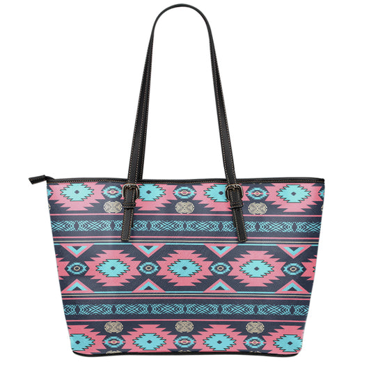 Pink And Blue Southwestern Pattern Print Leather Tote Bag