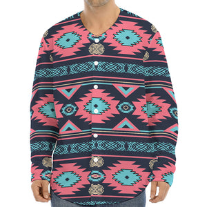 Pink And Blue Southwestern Pattern Print Long Sleeve Baseball Jersey