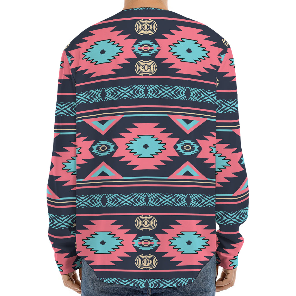 Pink And Blue Southwestern Pattern Print Long Sleeve Baseball Jersey