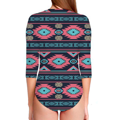 Pink And Blue Southwestern Pattern Print Long Sleeve Swimsuit