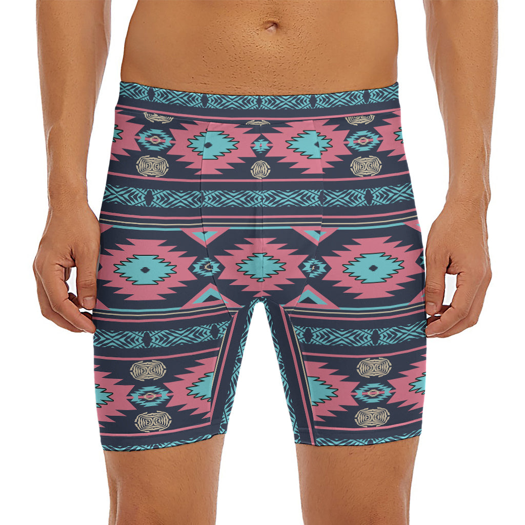 Pink And Blue Southwestern Pattern Print Men's Long Boxer Briefs