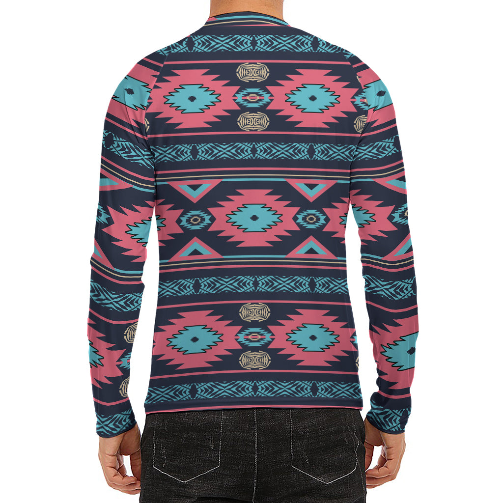 Pink And Blue Southwestern Pattern Print Men's Long Sleeve Rash Guard
