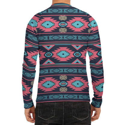 Pink And Blue Southwestern Pattern Print Men's Long Sleeve Rash Guard