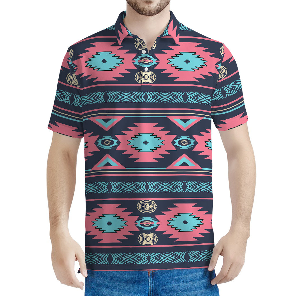 Pink And Blue Southwestern Pattern Print Men's Polo Shirt